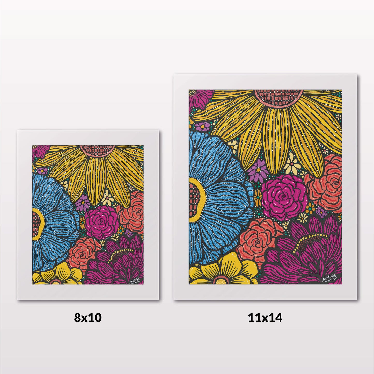 Comparing 8x10 and 11x14 framed art prints on a white wall