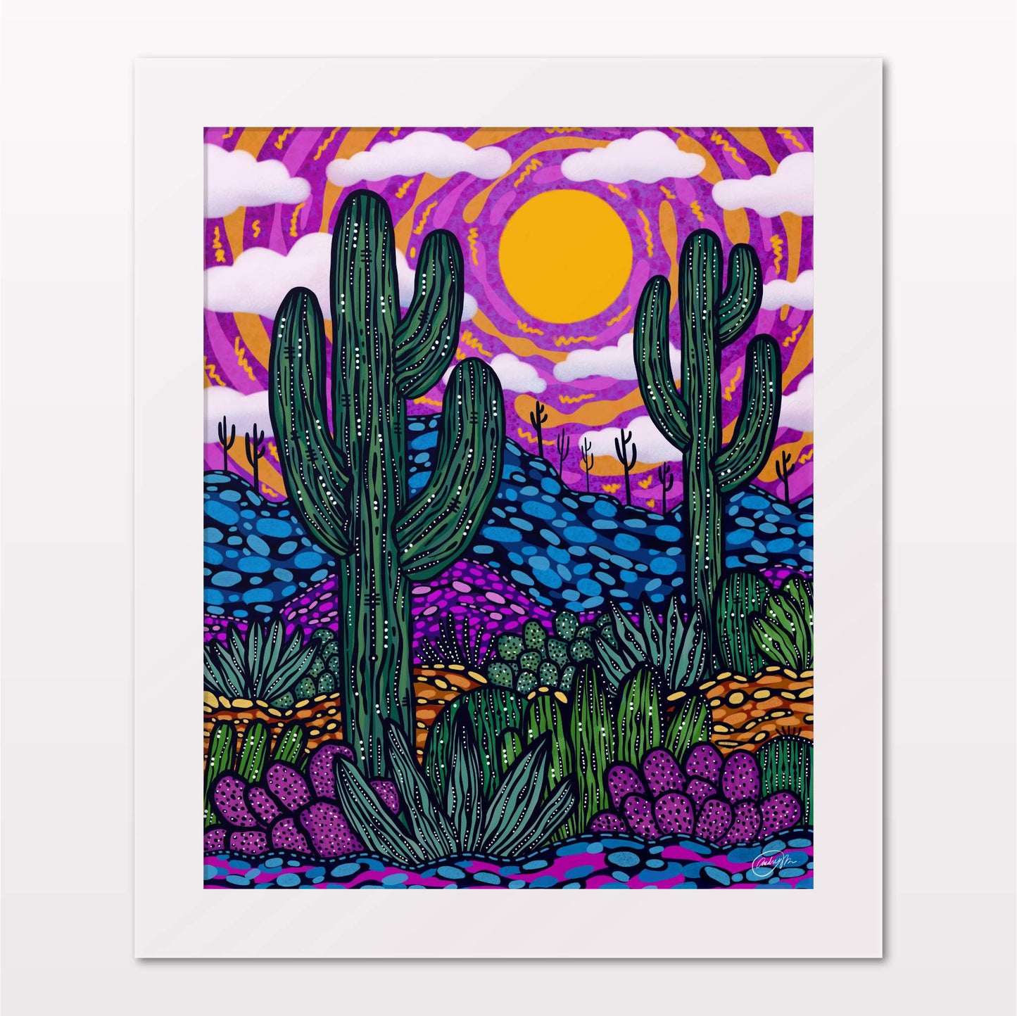 Art print in white frame on white wall