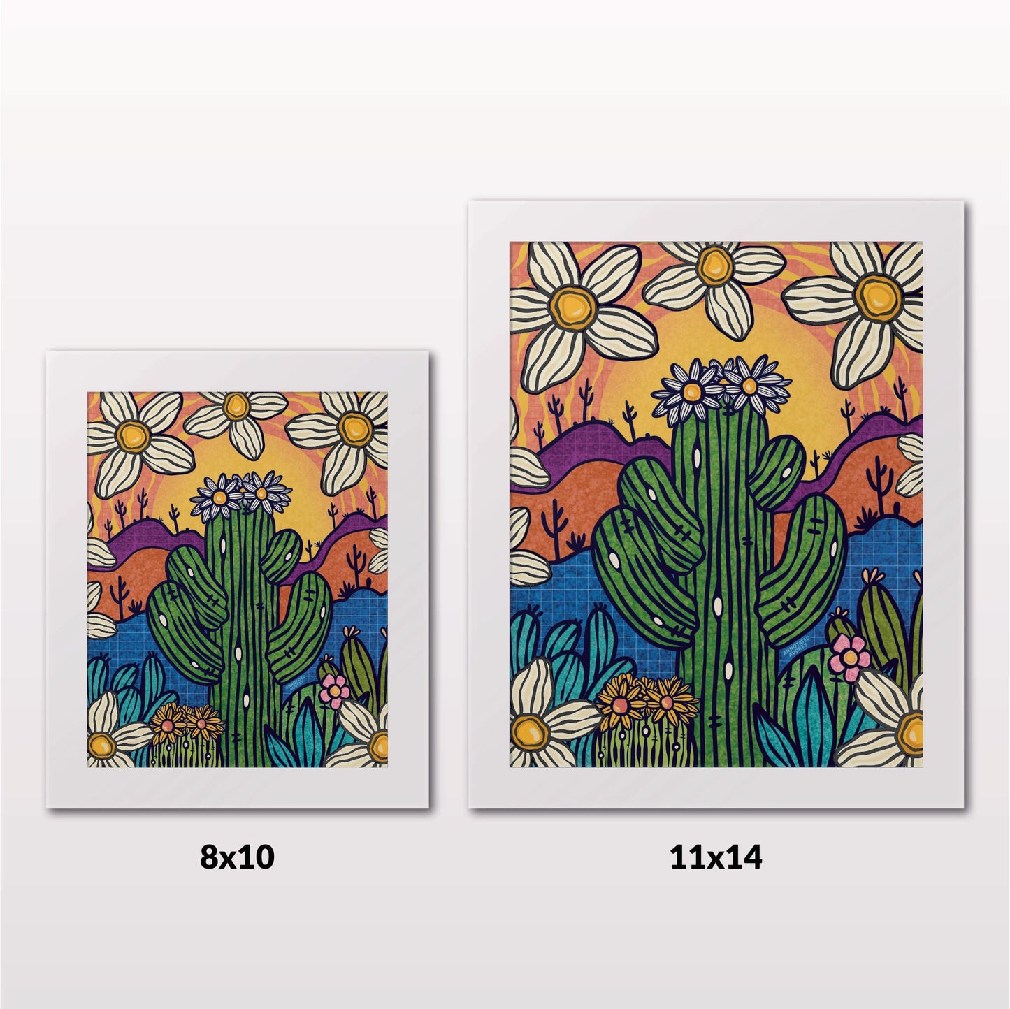 Comparing 8x10 and 11x14 framed art prints on a white wall