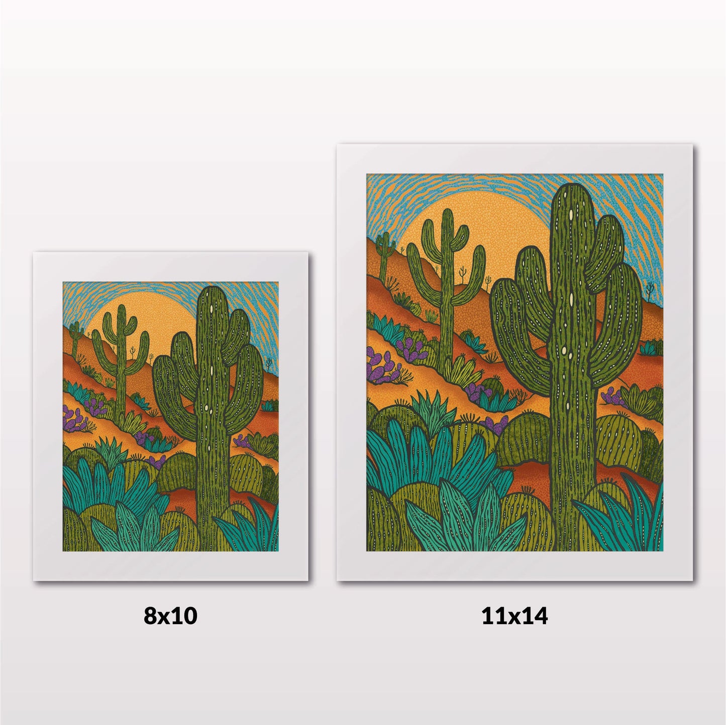 Comparing 8x10 and 11x14 framed art prints on a white wall