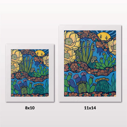 Comparing 8x10 and 11x14 framed art prints on a white wall