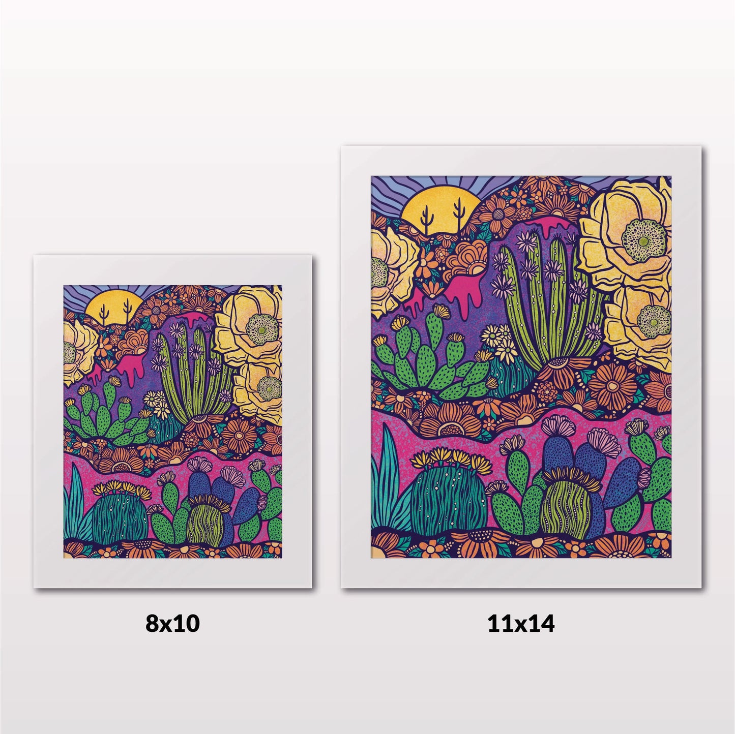 Comparing 8x10 and 11x14 framed art prints on a white wall