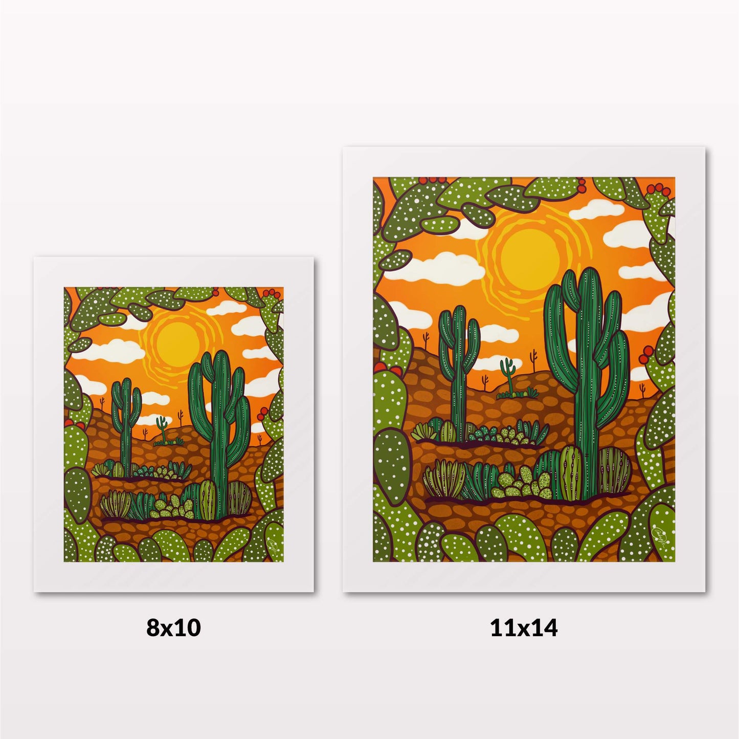 Comparing 8x10 and 11x14 framed art prints on a white wall