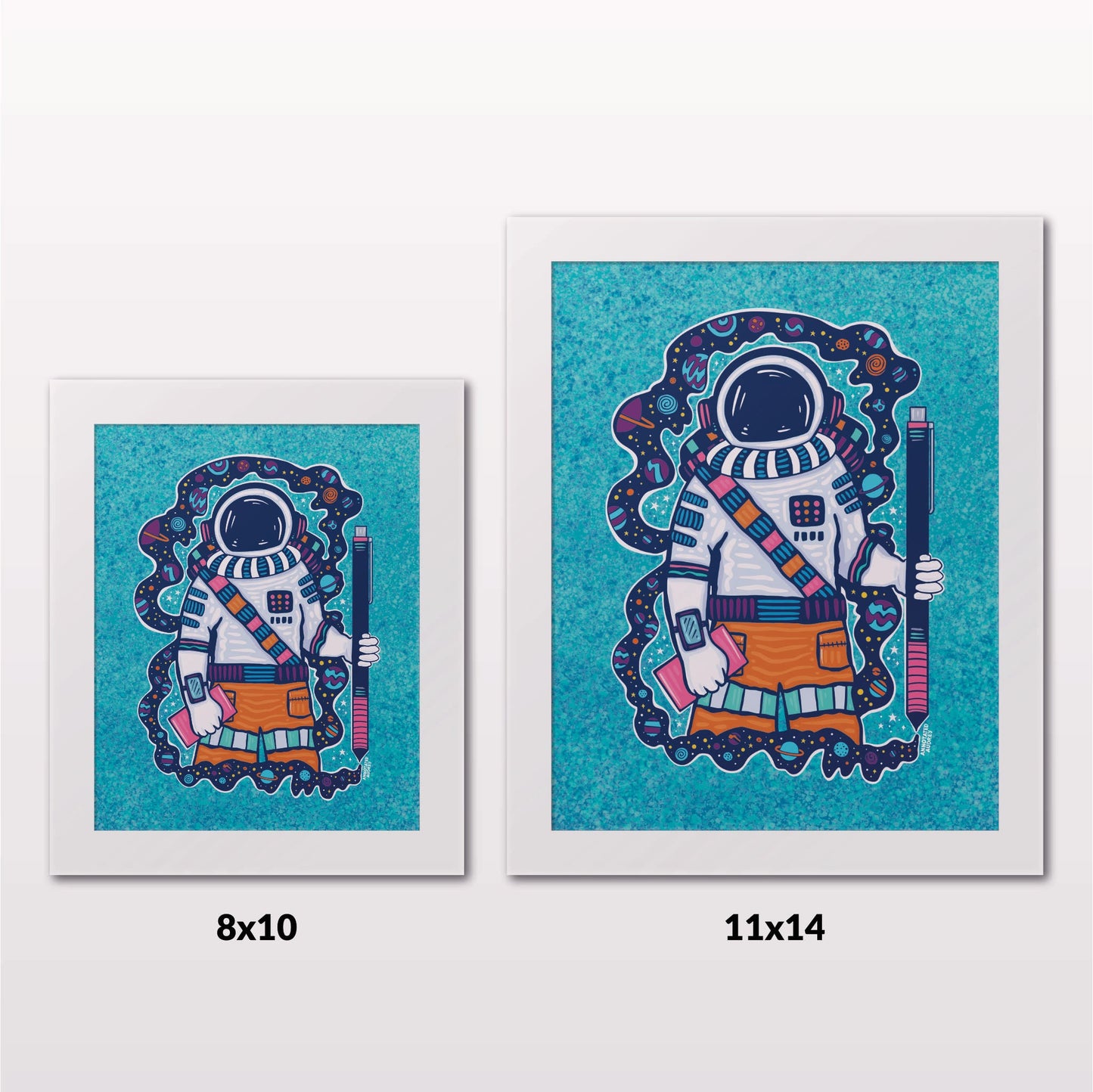 Comparing 8x10 and 11x14 framed art prints on a white wall