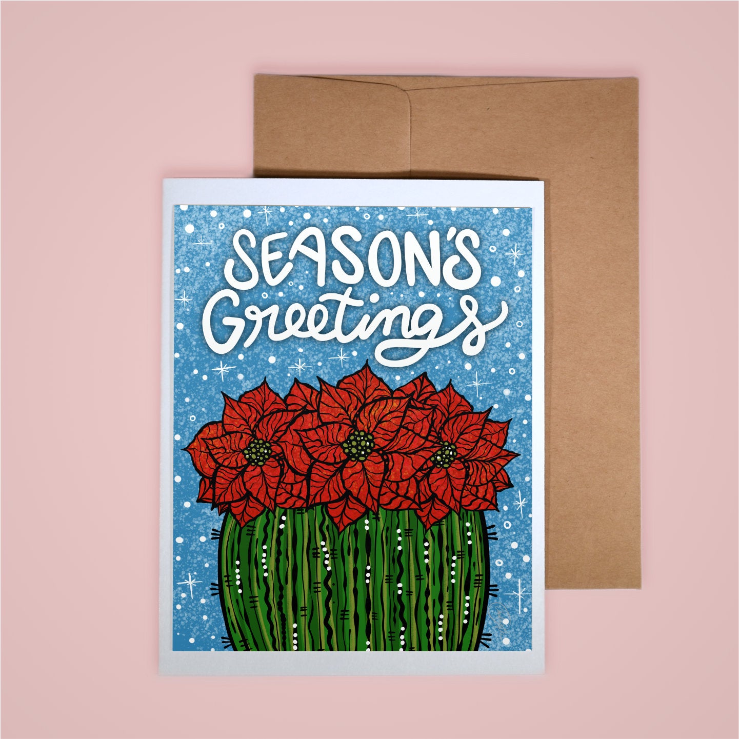 Holiday Card-Season's Greetings Poinsettia Barrel