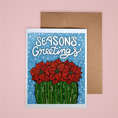 Holiday Card-Season's Greetings Poinsettia Barrel