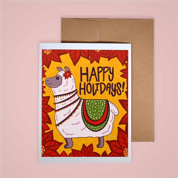 Holiday Card-Happy Holidays Poinsettia Alpaca
