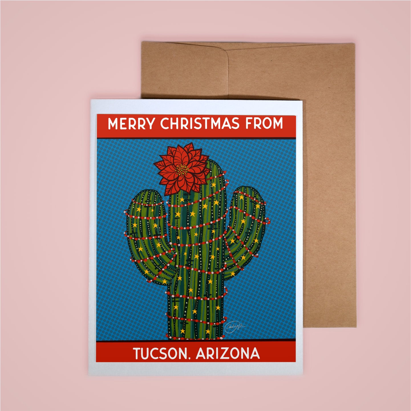 Holiday Card-Merry Christmas Poinsettia Saguaro