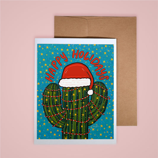 Holiday Card-Happy Holidays Santa Hat Saguaro