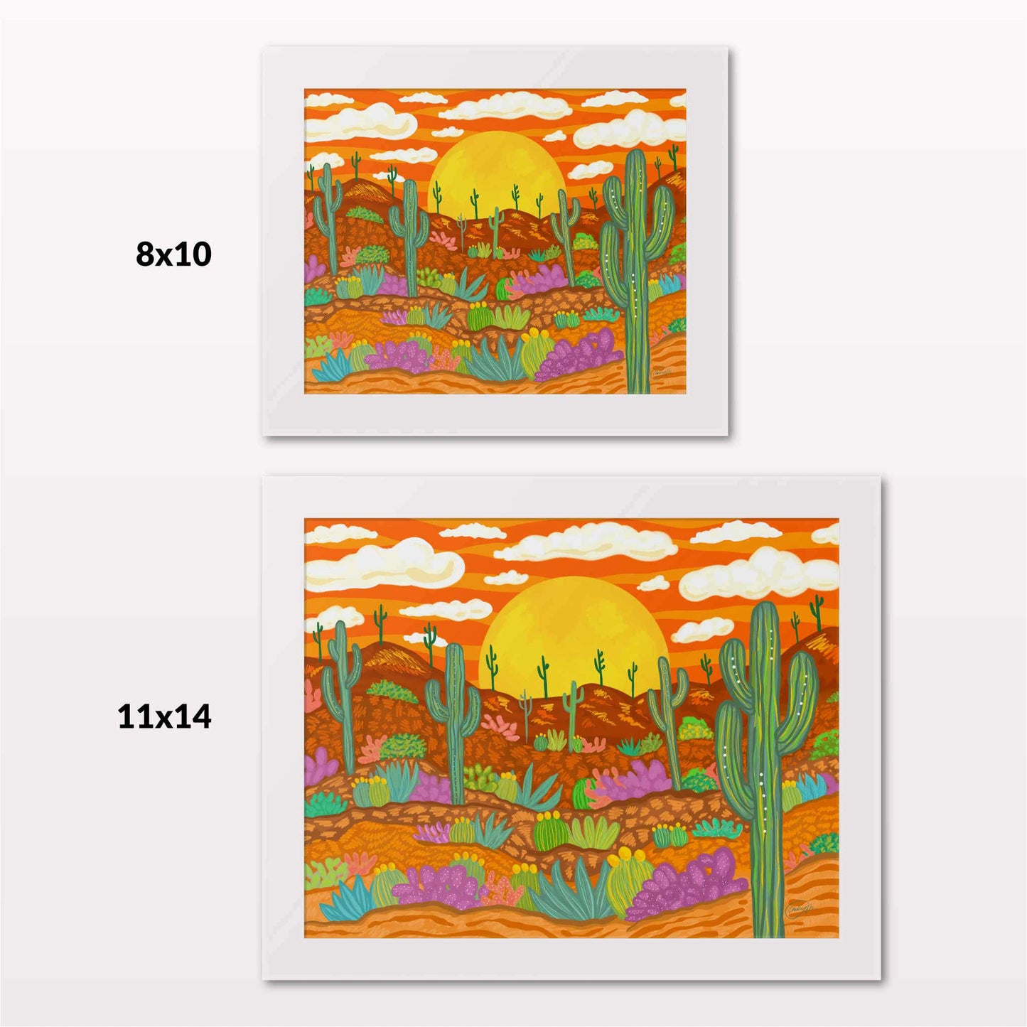 Comparing 8x10 and 11x14 framed art prints on a white wall