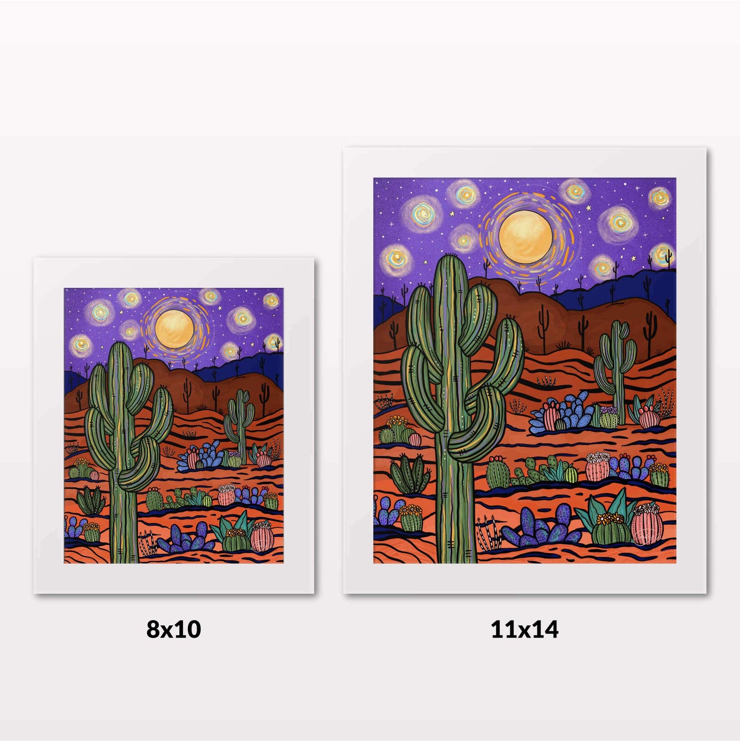 Comparing 8x10 and 11x14 framed art prints on a white wall