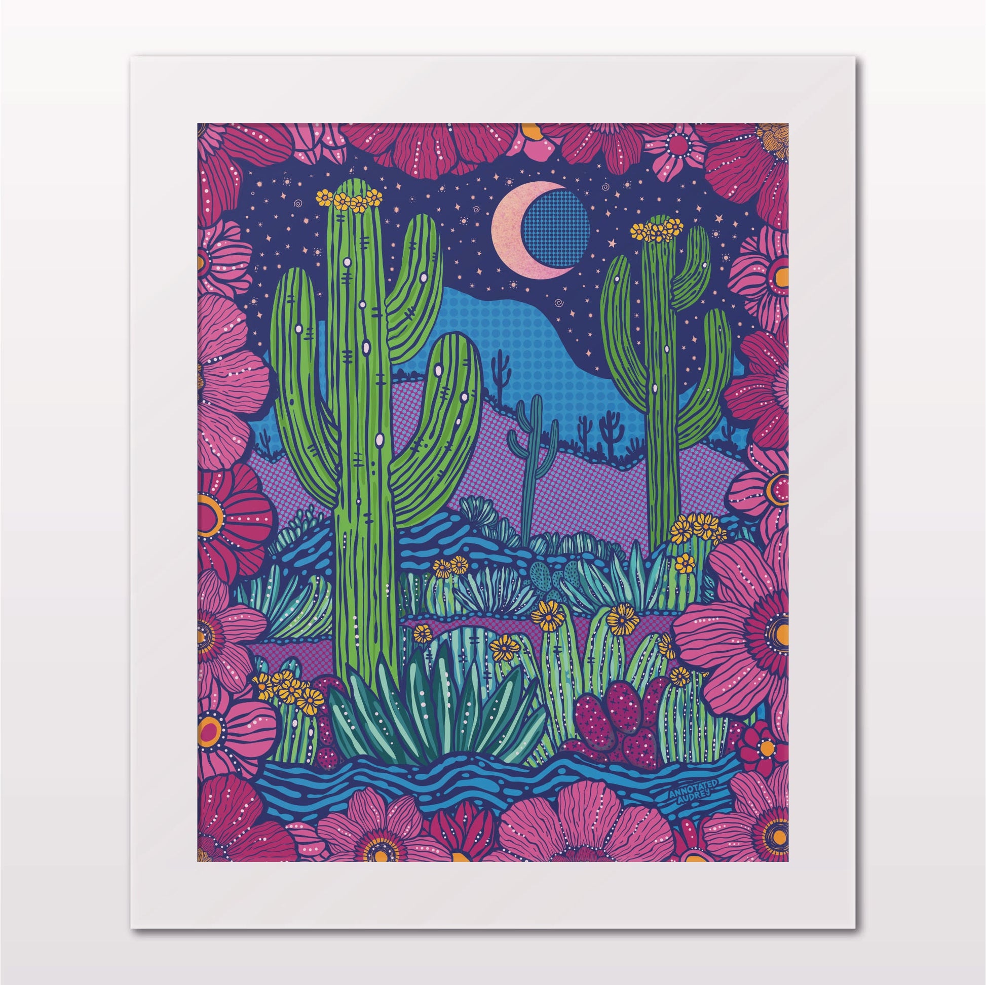 Art print in white frame on white wall