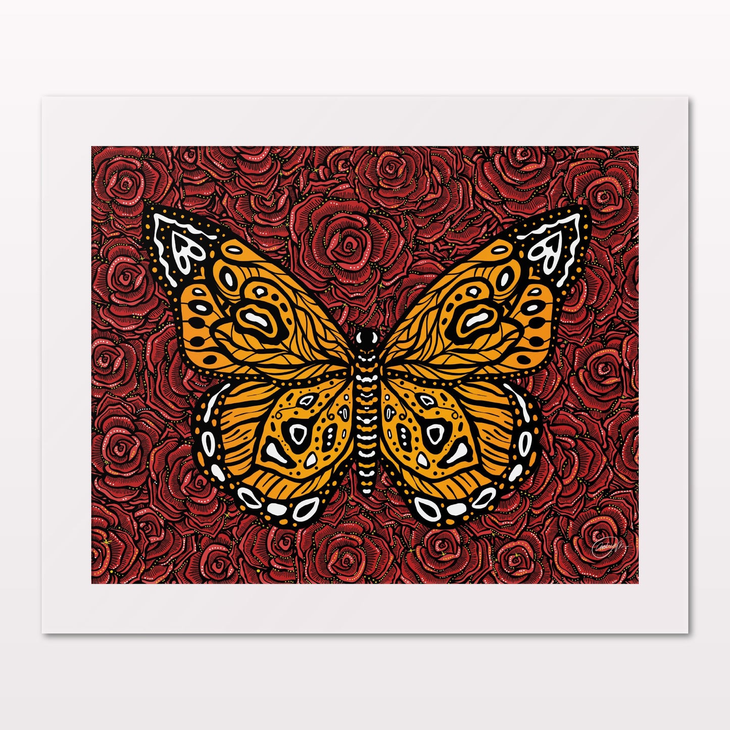 Art print in white frame on white wall