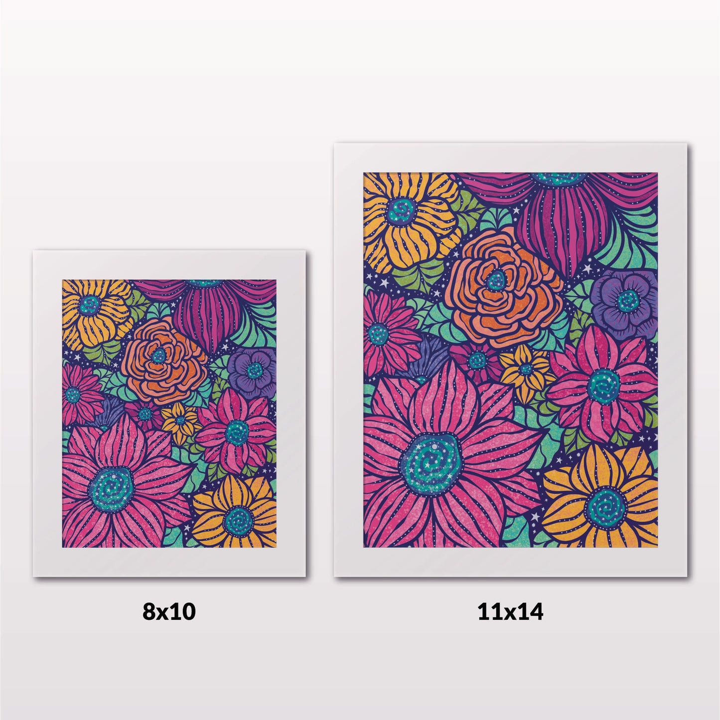 Comparing 8x10 and 11x14 framed art prints on a white wall
