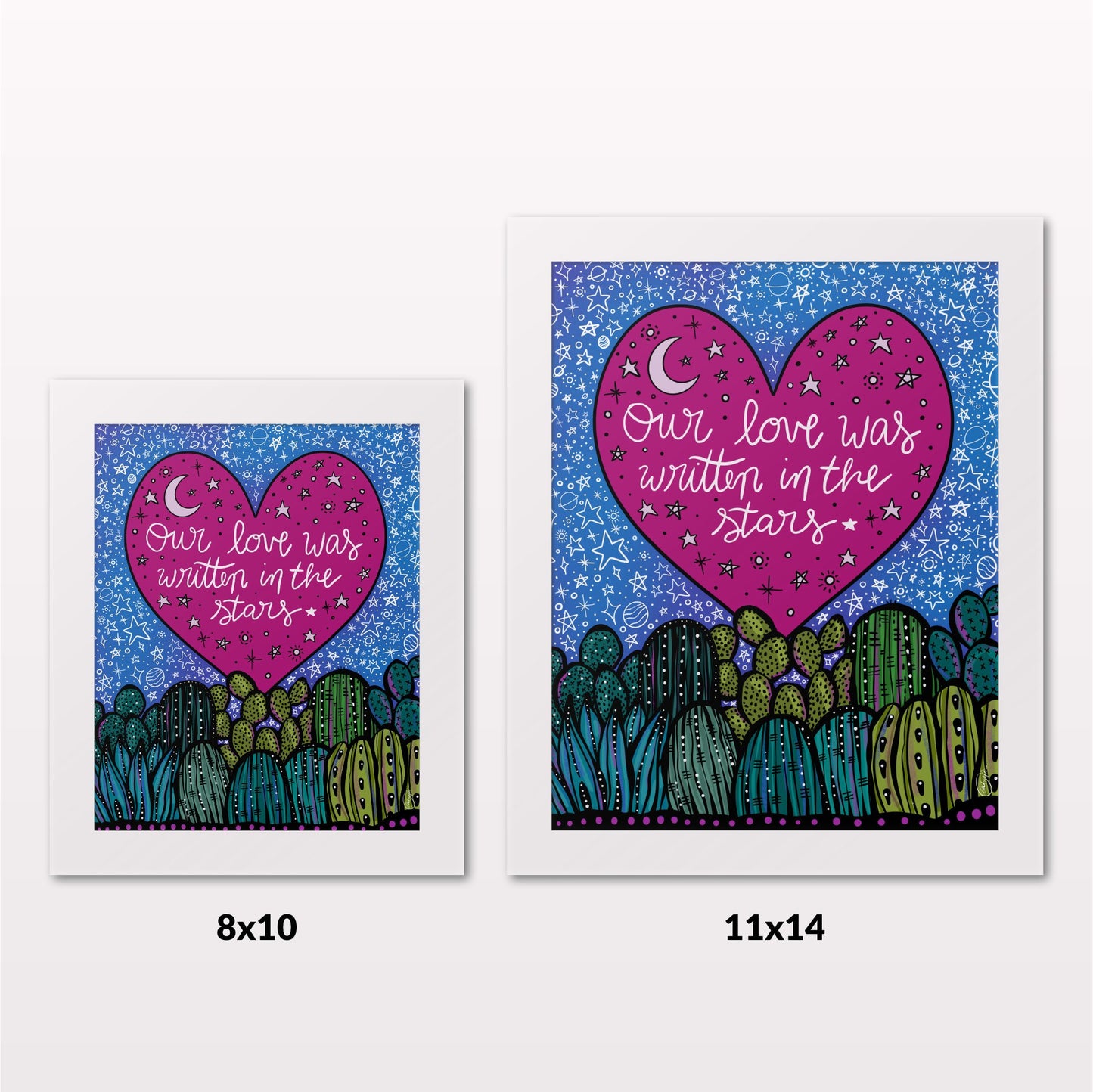 Comparing 8x10 and 11x14 framed art prints on a white wall