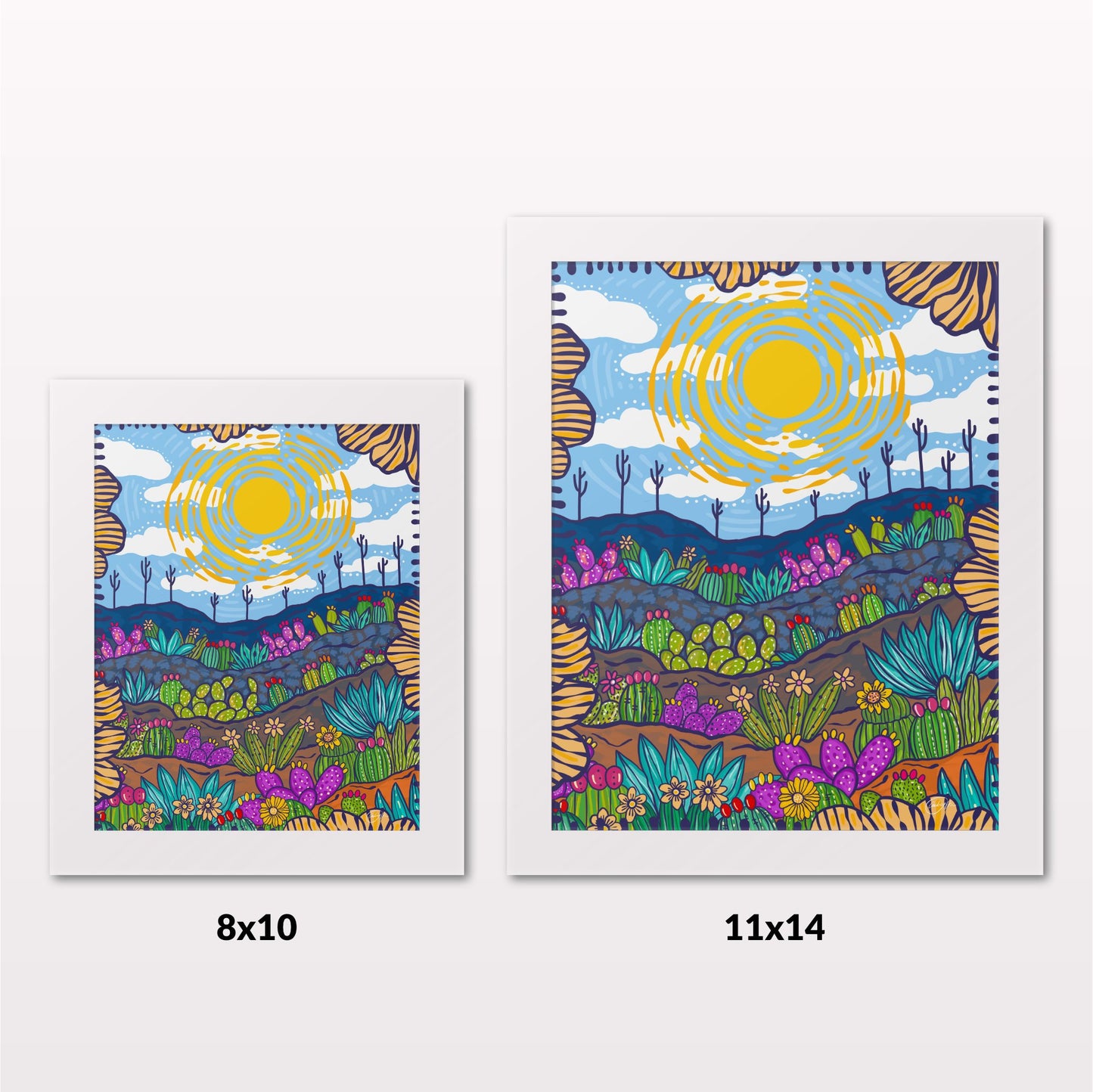 Comparing 8x10 and 11x14 framed art prints on a white wall