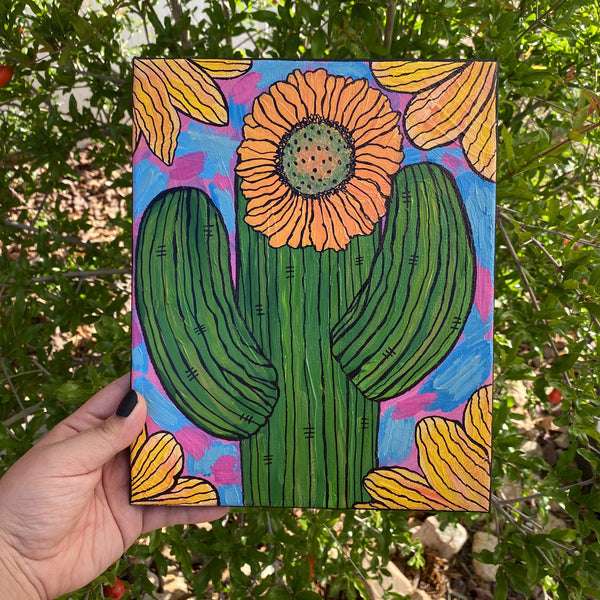 Desert Themed Hand Painted Canvas Held Outside