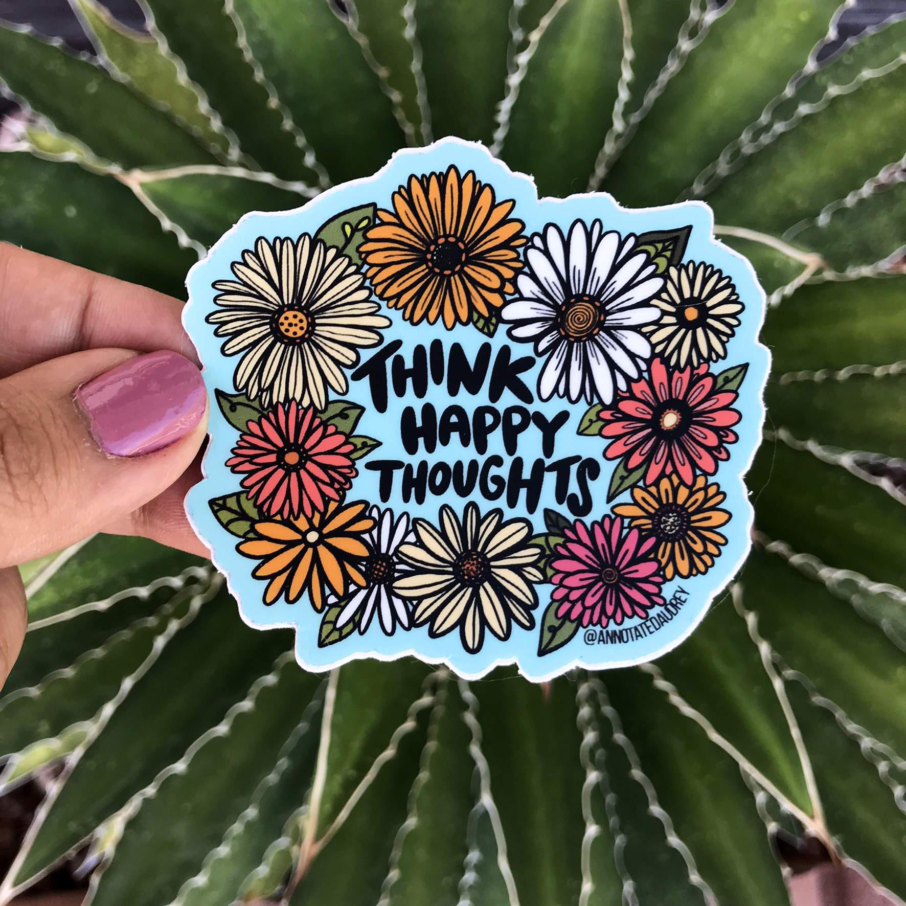 Think Happy Thoughts Blue Lettering Floral Vinyl Waterproof Sticker ...