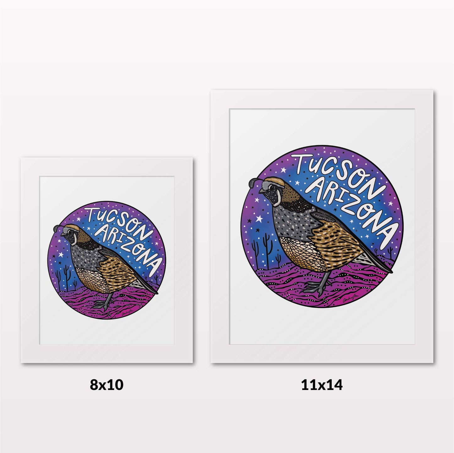 Comparing 8x10 and 11x14 framed art prints on a white wall